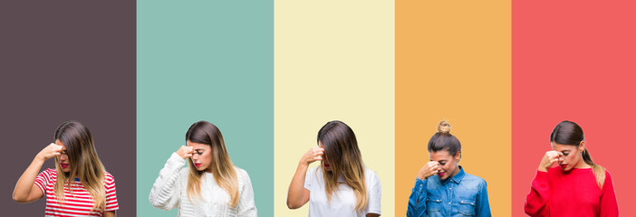 Fototapeta premium Collage of young beautiful woman over colorful vintage isolated background tired rubbing nose and eyes feeling fatigue and headache. Stress and frustration concept.