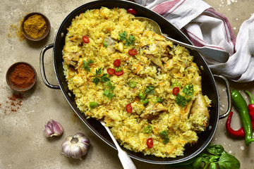 Rice with chicken and vegetables.Top view.