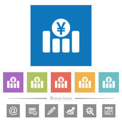 Yen financial graph flat white icons in square backgrounds