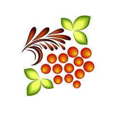 Red and green ornament vector pattern in Russian hohloma style with red currant. Isolated.