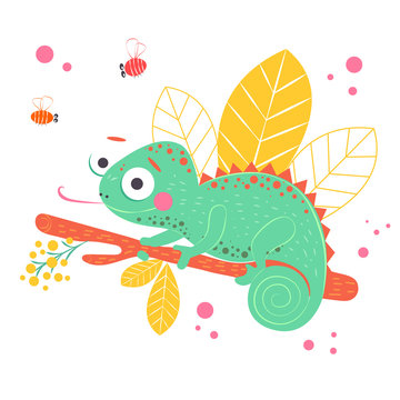 Cute green chameleon sitting on the orange branch with light yellow leaves on background, vector illustration. Art poster for nursery or kids room poster