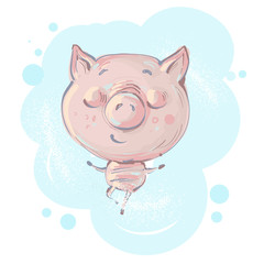 Cute little pig character standing in yoga pose and meditating