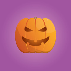 Vector illustration of a pumpkin with an evil face on an purple background