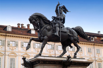 Turin, Piedmont, Italy. The bronze equestrian monument depicting the Prince of Savoy Emanuele...