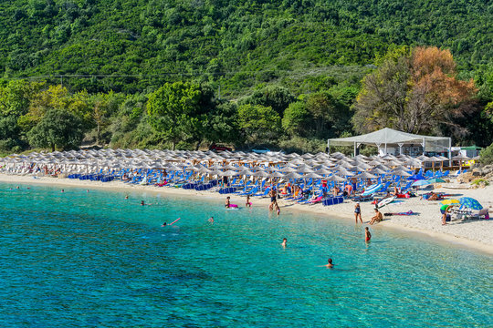 Olympiada, Greece - August 18, 2018: Proti Ammoudia beach, one of the most beautiful beaches in the Aegean Sea.