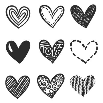 Set of hand drawn hearts. Vector design element for Valentine's day. Various design doodle hearts set. Monochrome hand drawn icons.
