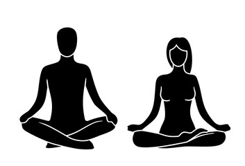 Man and woman of lotus yoga pose. Lotus pose. Vector illustration for label, icon, web. Isolated on white background. For web, logotype, icon, banner, poster