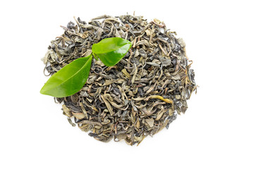 Green tea leaf isolated on white background.
