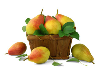 Wooden basket with pears. Ripe juicy pears with leaves. Isolated. Diet. Vitamins.