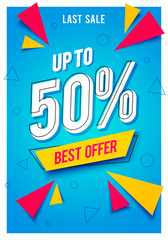Trendy flat geometric vector banner with sales best offer up to 50% in retro poster design style. Flyer with vintage shapes in modern neon colors.