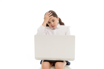Shocking content. Schoolgirl surfing internet with shocked face. Girl stunned expression touch her head. How can it be possible. Unbelievable news. Surfing internet laptop. Parental advisory concept