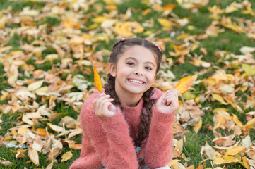 Happy childhood. School time. Happy little girl in autumn forest. Autumn leaves and nature. Small child with autumn leaves. I would stay here forever. No rush. Real relaxation. Feeling comfortable