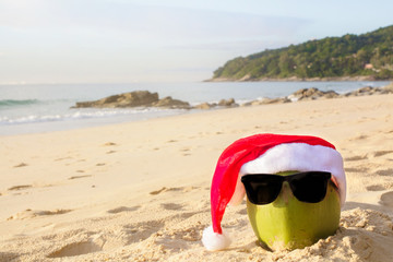 Coconut Holiday with glasses and Santa Claus hat, concept Christmas on the beach Tropical design made in Phuket, Thailand.