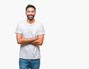 Adult hispanic man over isolated background happy face smiling with crossed arms looking at the camera. Positive person.