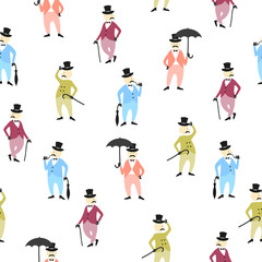 Seamless colorful pattern with funny victorian gentlemen. Kids background.