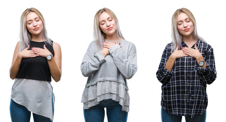 Collage of beautiful blonde young woman over isolated background smiling with hands on chest with closed eyes and grateful gesture on face. Health concept.