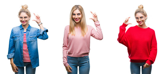 Obraz premium Collage of young beautiful blonde woman over isolated background smiling and confident gesturing with hand doing size sign with fingers while looking and the camera. Measure concept.