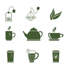 Green Tea Icons Set on White Background.