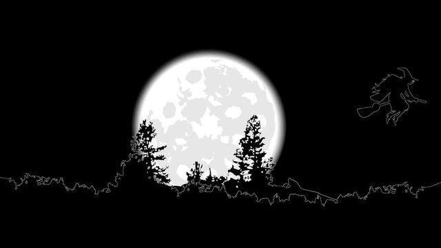 the witch on a broomstick flies against a full moon