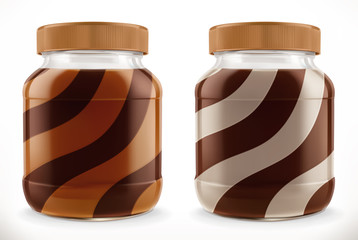 Chocolate swirl in glass jar. 3d vector realistic mockup