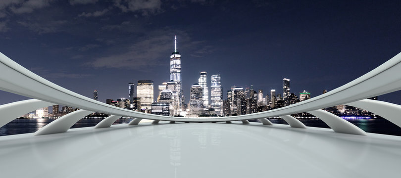empty platform with modern cityscape new york at night