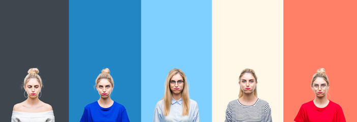 Collage of young beautiful blonde woman over vivid colorful vintage stripes isolated background puffing cheeks with funny face. Mouth inflated with air, crazy expression.