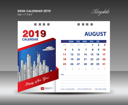 Desk Calendar 2019 Year Template vector design, AUGUST Month
