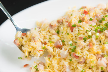 close up fried rice on spoon in white dish on black background