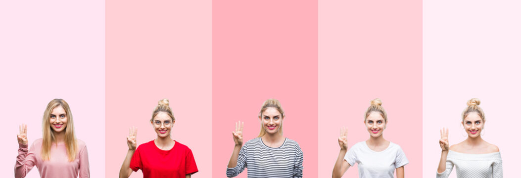 Collage of young beautiful blonde woman over vivid colorful vintage pink isolated background showing and pointing up with fingers number three while smiling confident and happy.
