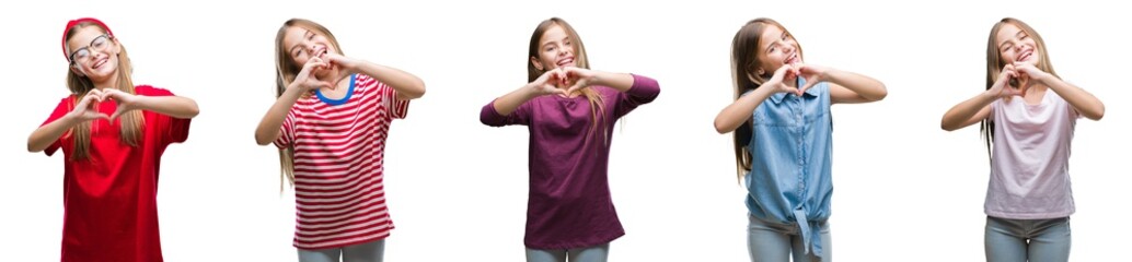 Collage of young beautiful little girl kid over isolated background smiling in love showing heart symbol and shape with hands. Romantic concept.