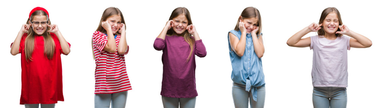Collage of young beautiful little girl kid over isolated background covering ears with fingers with annoyed expression for the noise of loud music. Deaf concept.