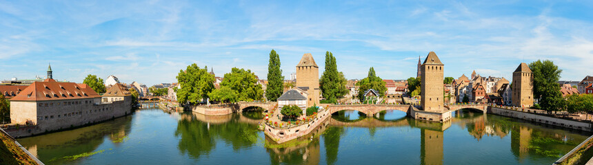 three bridges Pont Couverts over the river Ill in Strasbourg, France