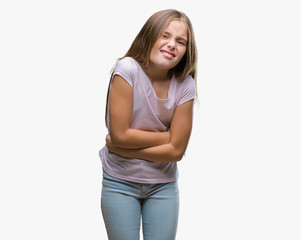 Fototapeta premium Young beautiful girl over isolated background with hand on stomach because nausea, painful disease feeling unwell. Ache concept.