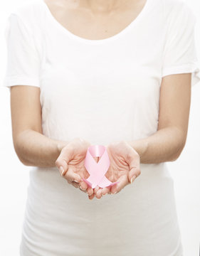 Woman Holding A Pink Ribbon.