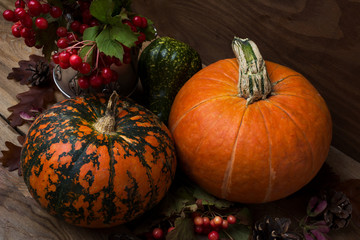 Fall decor with red berry and two pumpkins