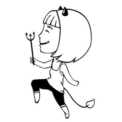 Black line art isolated on white background. A lovely Cosplay Girl jumping with a Devil's Trident