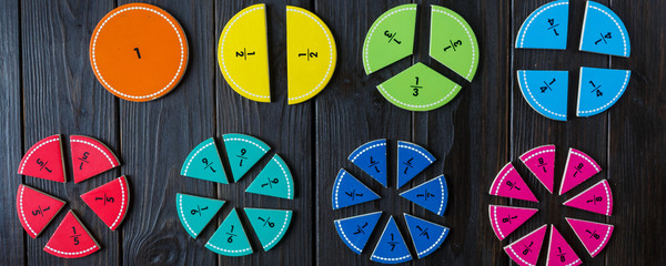 colorful math fractions on the bright backgrounds. interesting math for kids. Education, back to...