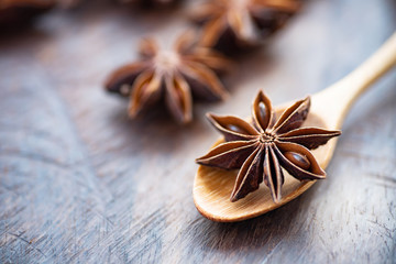Anise star on wooden spoon, herb and spice, food ingredient