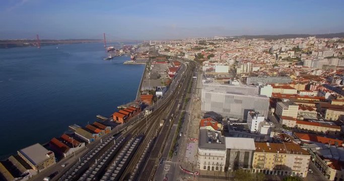 Drone footage of Cais do sodre train station in Portugal