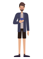 young man with beard and smartphone