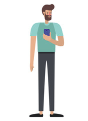 young man with beard and smartphone