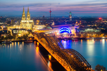 Image of Cologne with Cologne Cathedral during twilight blue hour in Germany.