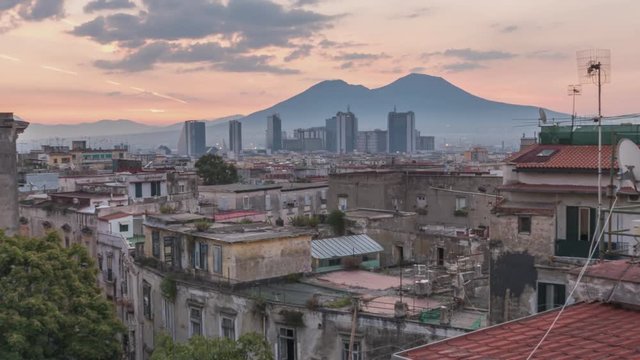 A Dynamic Rooftop Sunrise Over Mount Vesuvius - Time Lapse of Historic Napoli Italy