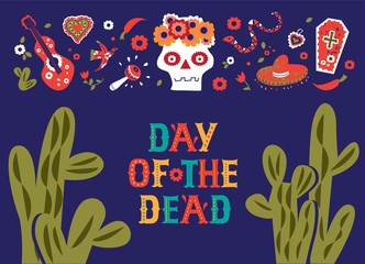 Mexican holiday Day of dead symbols set including skull, sombrero, snake, coffin, cacti, hearts, maracas, pepper, music instruments isolated. Vector illustration. For card, poster, banner, web
