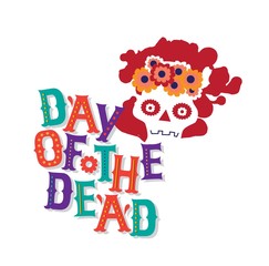 Vector hand drawn lettering Day of the Dead emblem, sign design. Day of the dead vector illustration set. Skull in a wreath of flowers, cactuses. Vector illustration
