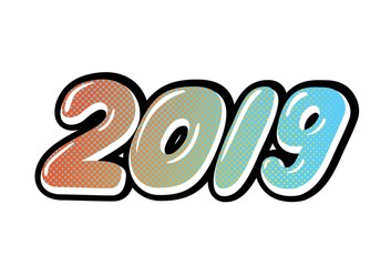 Happy New Year card design in pop art style. Happy new year greeting illustration with pink 2019 numbers. Vector illustration 