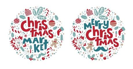 Christmas market and Merry Christmas Set with Christmas symbols of the holiday: gifts, masks, socks, man cookies, garland, sweets, holly, mustache, party poppers, sweets. Vector illustration