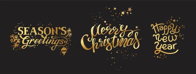 Merry Christmas and Happy New year gold emblem, sign set on black background. Typography vector design for festive card, poster, banner. Vector illustration. Seasons Greetings hand lettering text