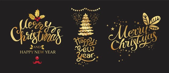 Merry Christmas and Happy New year gold emblem, sign set on black background. Typography vector design for festive card, poster, banner. Vector illustration. Seasons Greetings hand lettering text