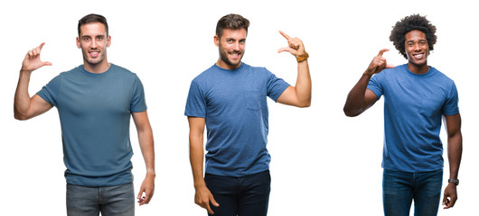 Collage of group of hispanic and african american men over isolated background smiling and confident gesturing with hand doing size sign with fingers while looking and the camera. Measure concept.